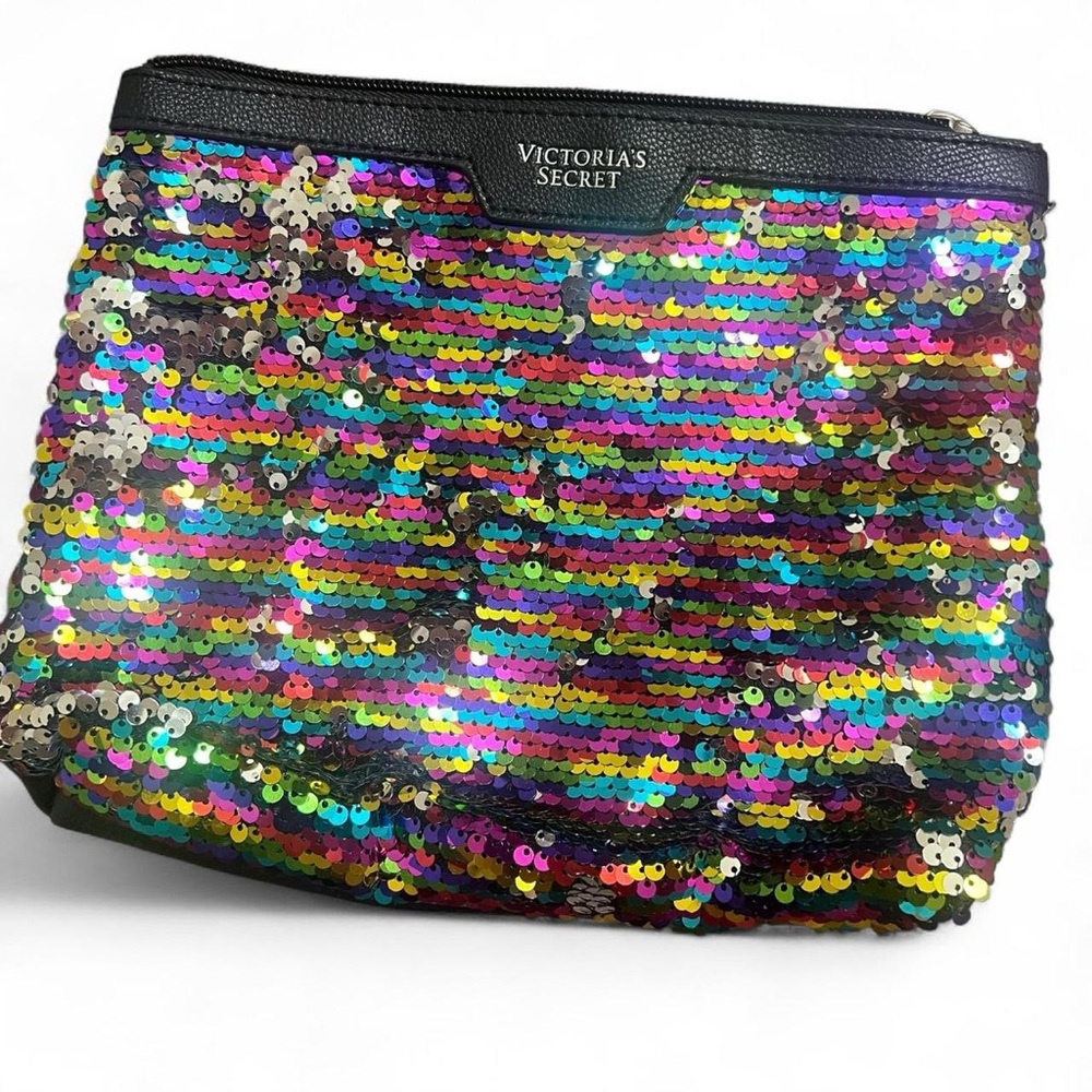 Victoria’s Secret rainbow colorful sequins sparkly metallic makeup bag purse y2k